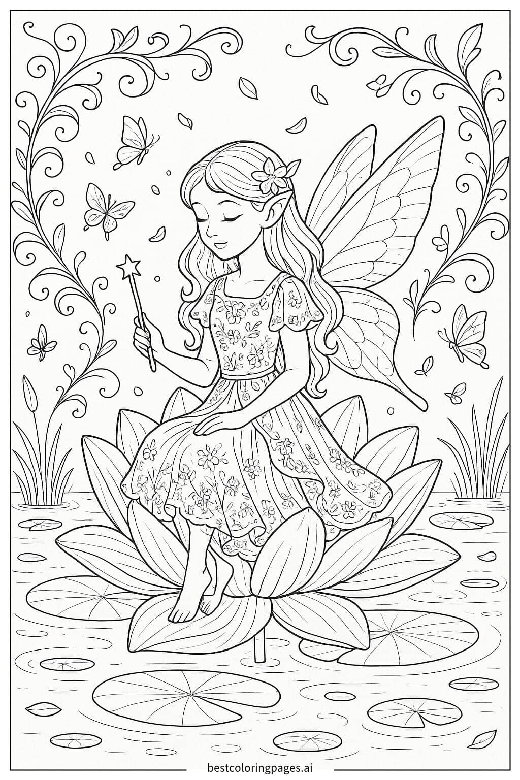 Fairy Sitting on a Lotus Flower Coloring Page