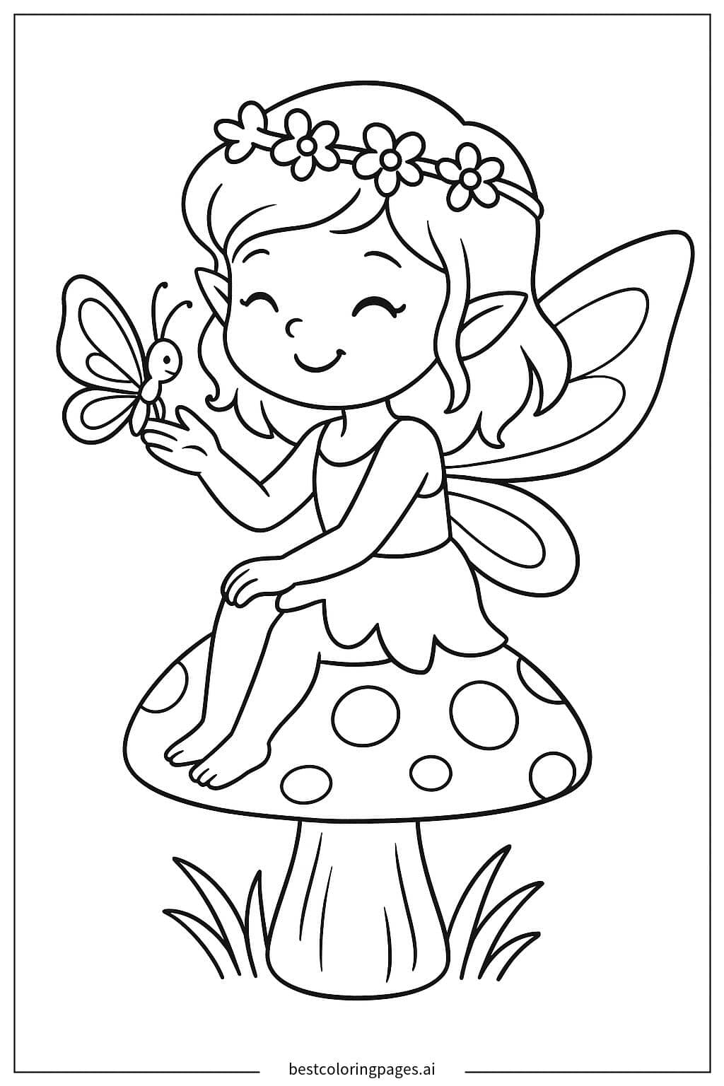 Fairy with Her Butterfly Friend Coloring Page