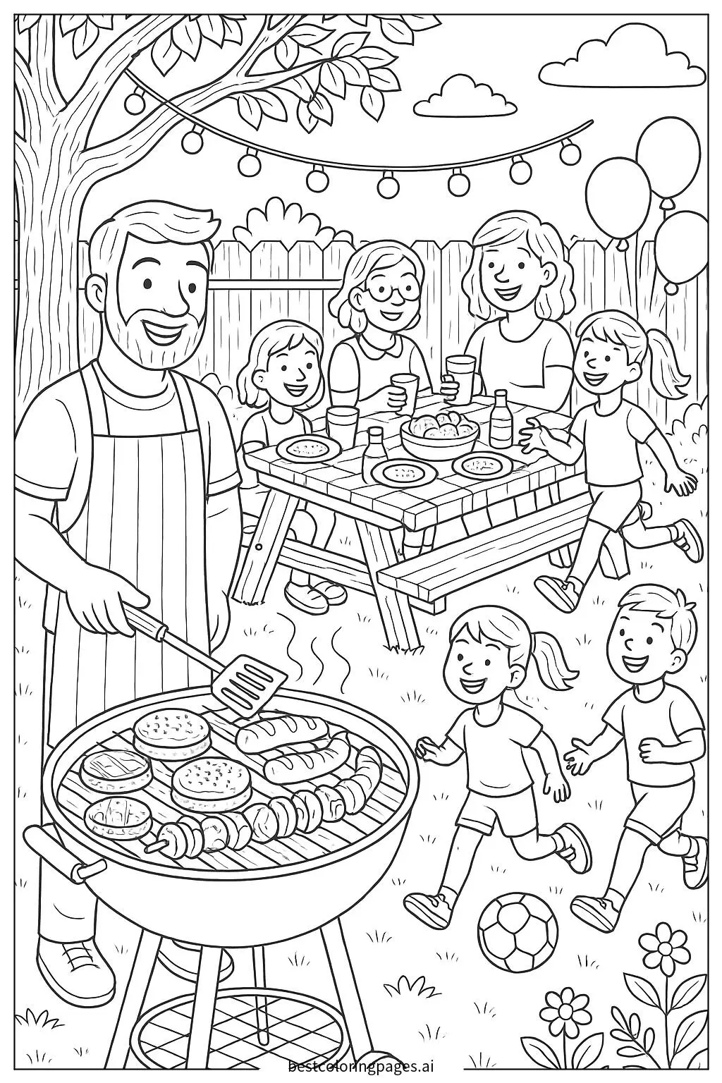 Familiengrillen im Garten mit Grill und Essen