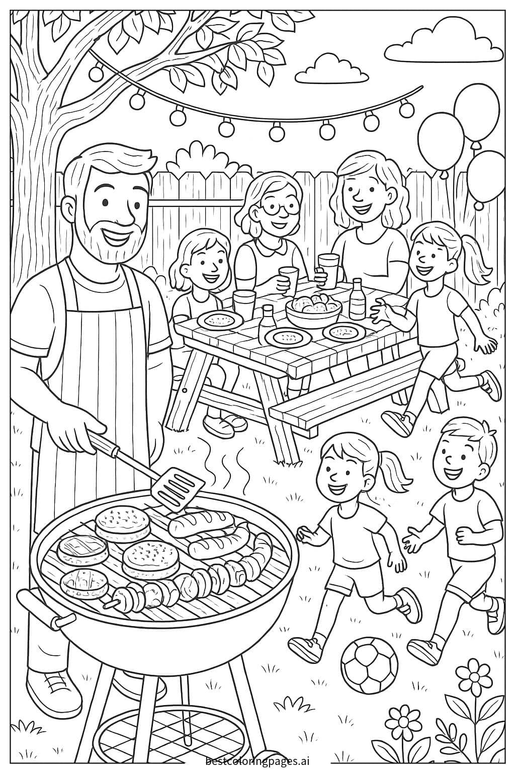 Family Barbecue in the Backyard with Grill and Delicious Food Coloring Page