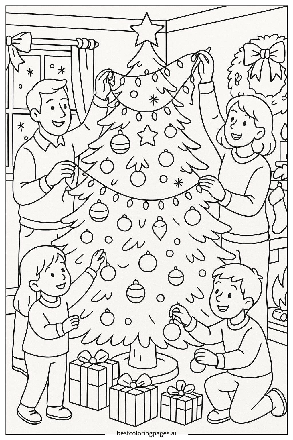Family Decorating a Christmas Tree with Lights