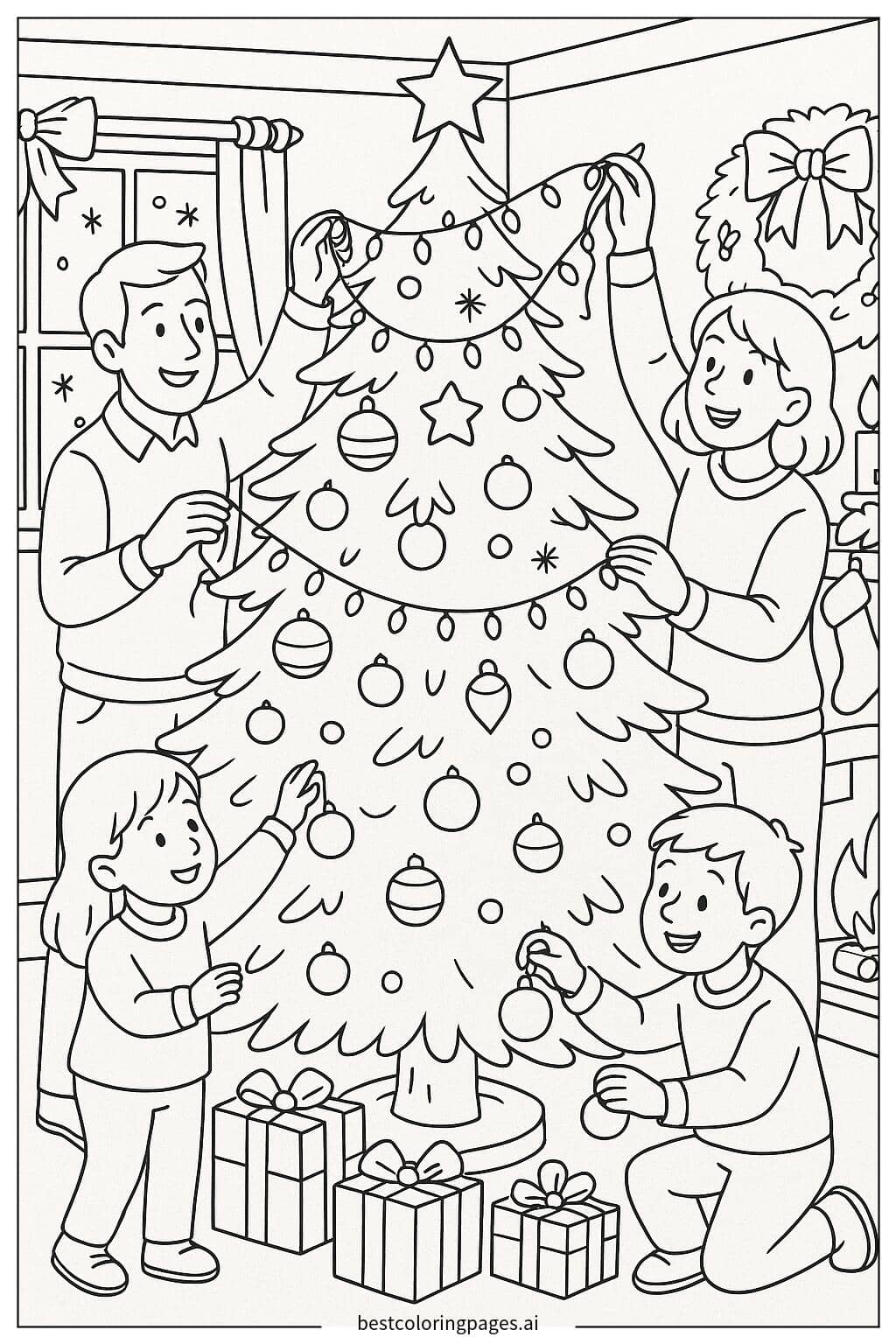 Family Decorating a Christmas Tree with Lights Coloring Page