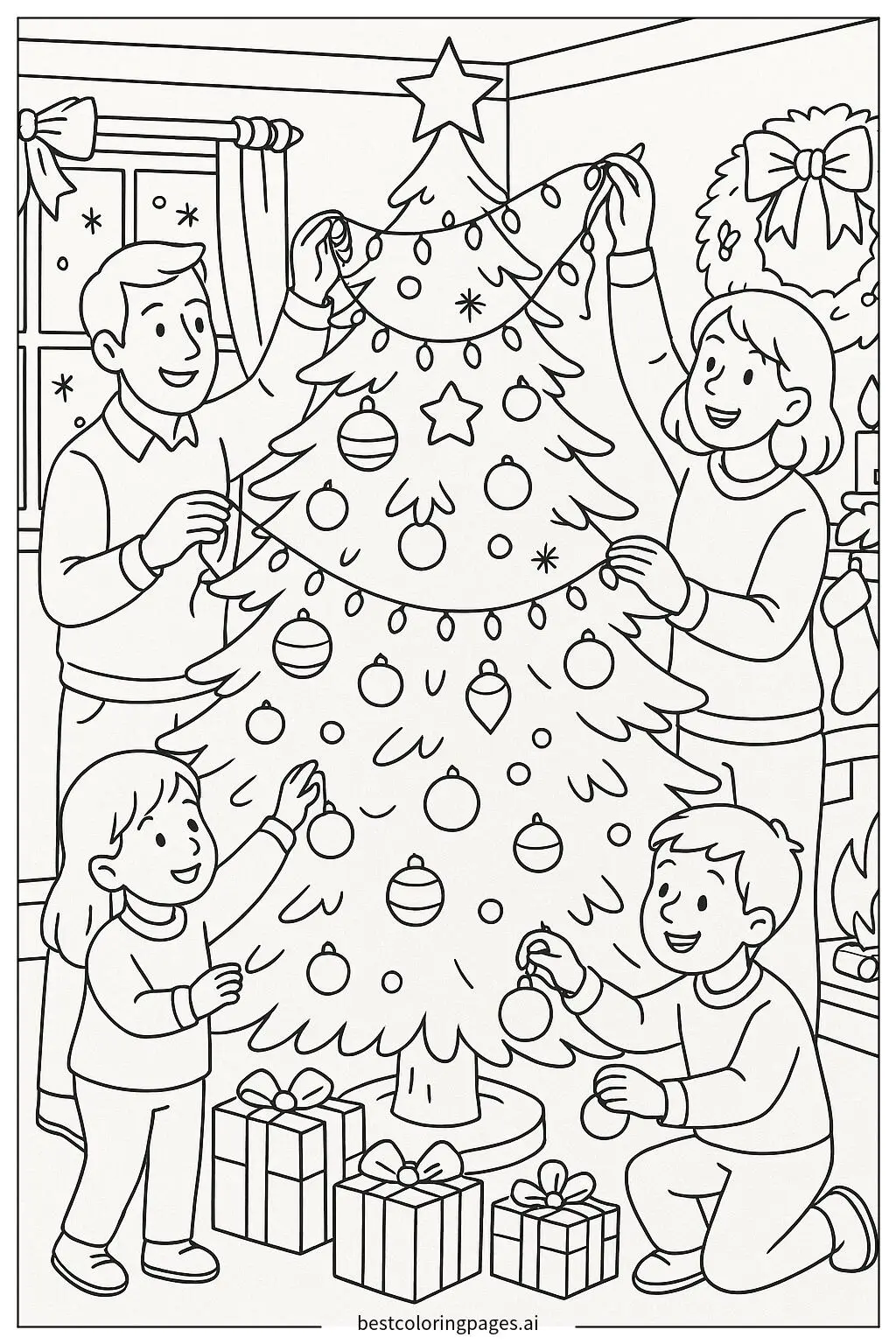 Family Decorating a Christmas Tree with Lights