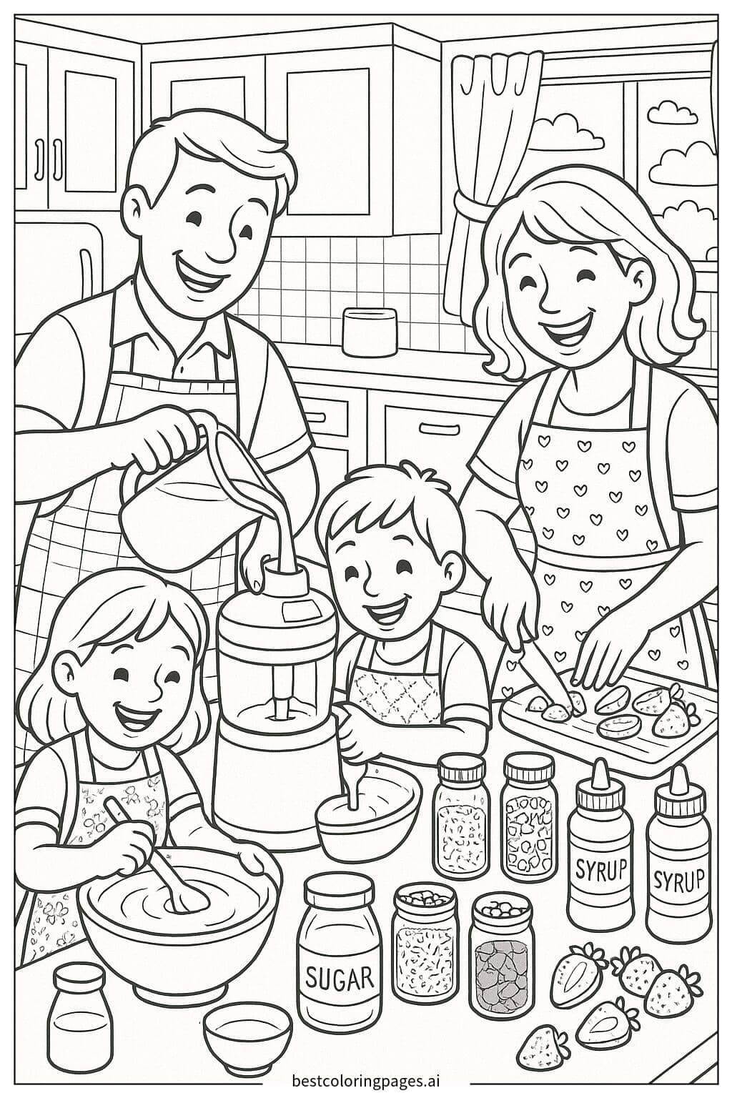 Family Making Homemade Ice Cream Together Coloring Page