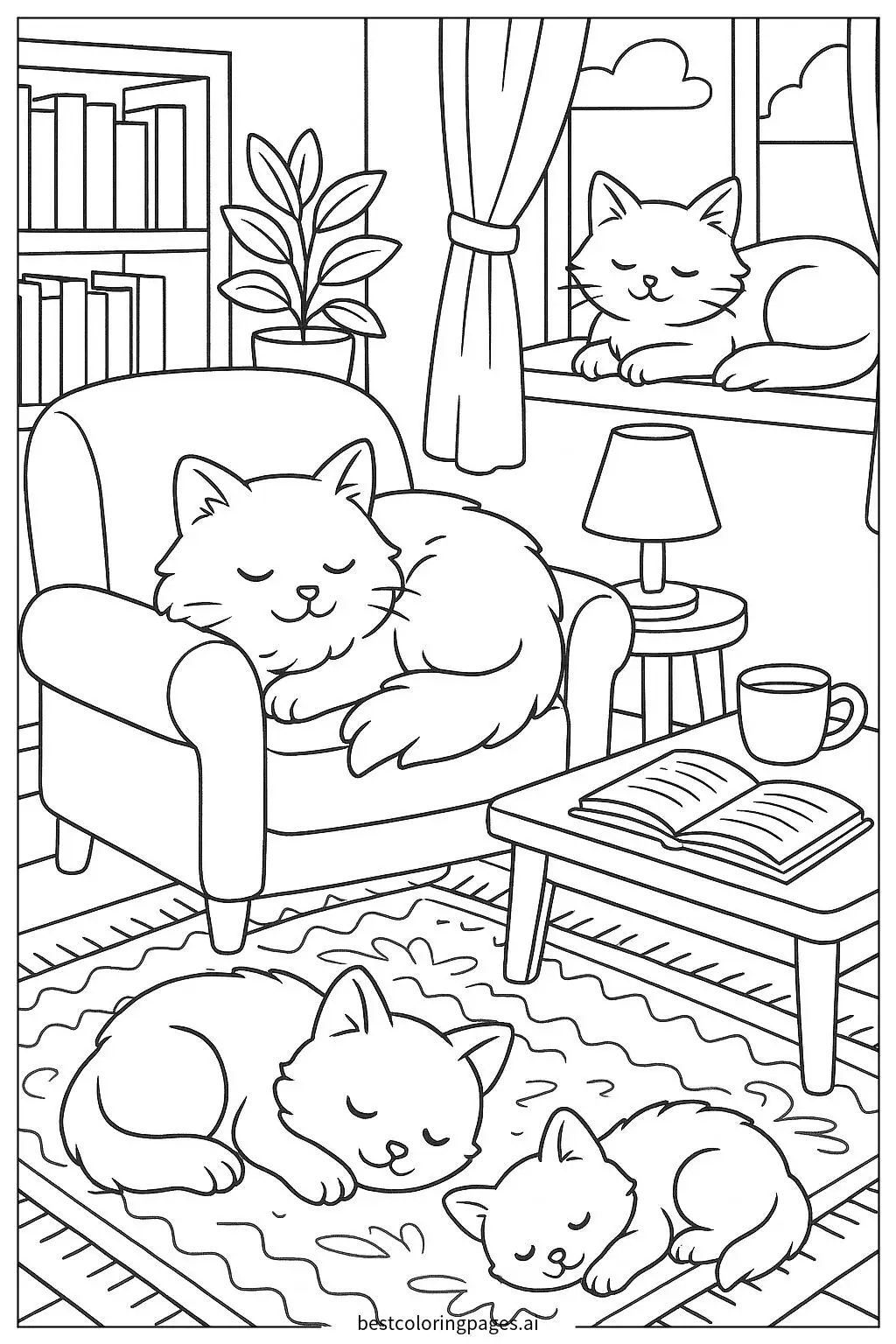 Family of Cats Relaxing in a Cozy Living Room Coloring Page