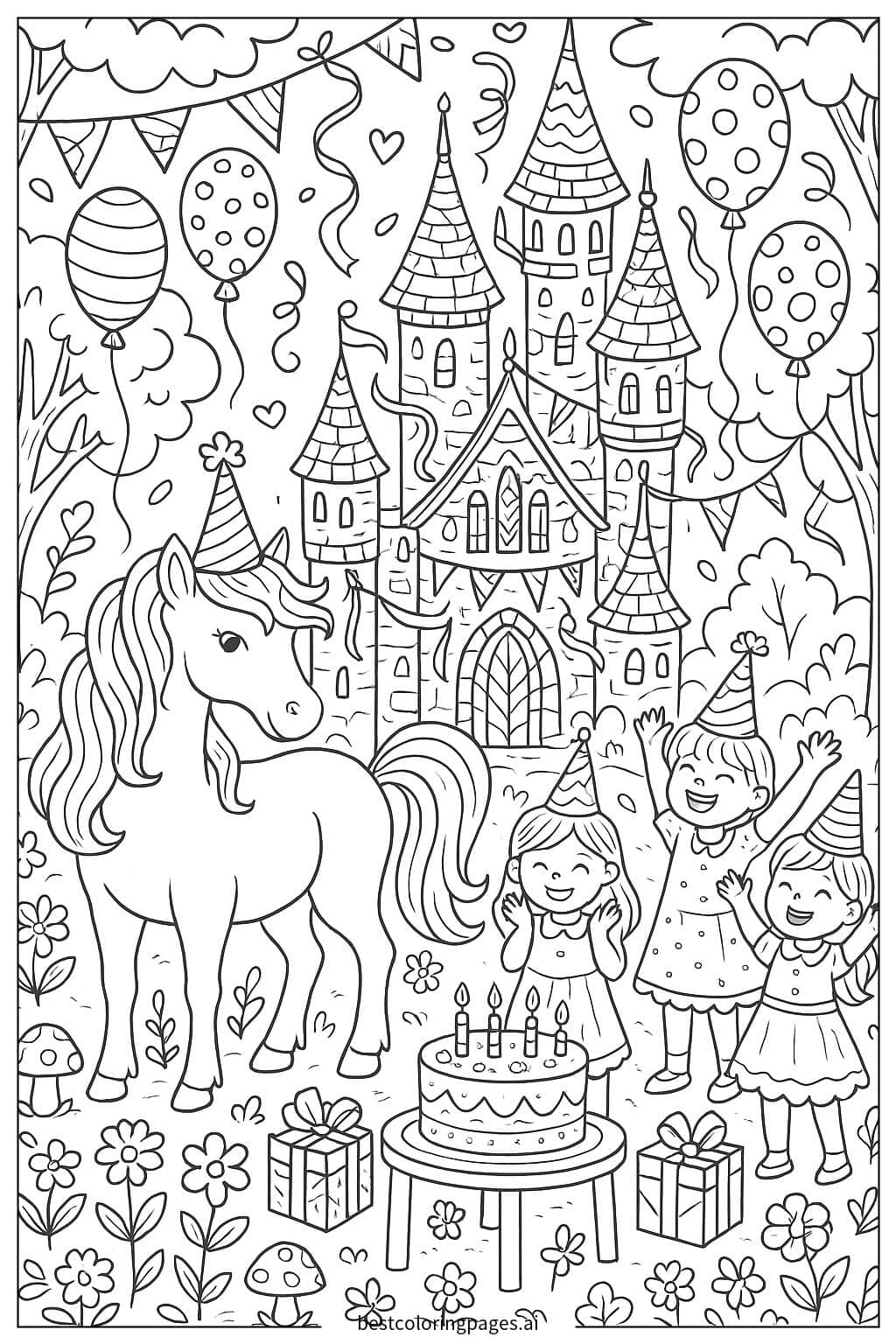 Coloriage Anniversaire féerique avec licornes et châteaux