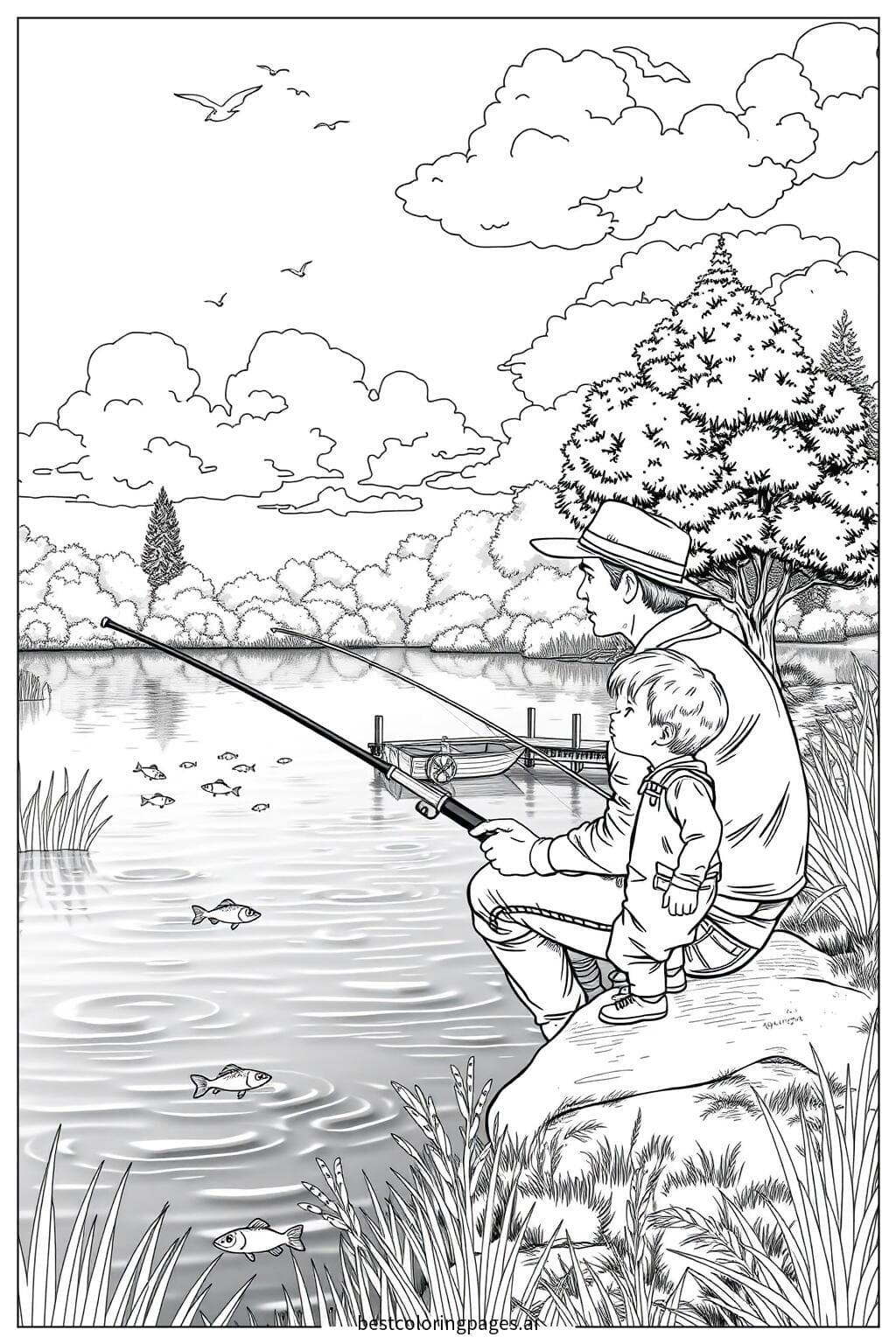 Father Teaching Child Fishing by the Lake