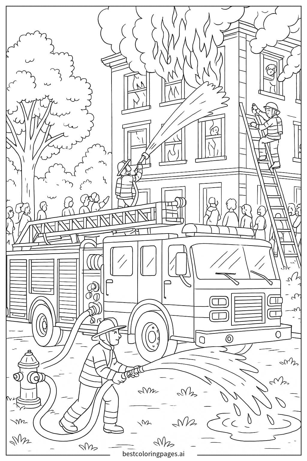 Fire Truck at a Building Fire Scene