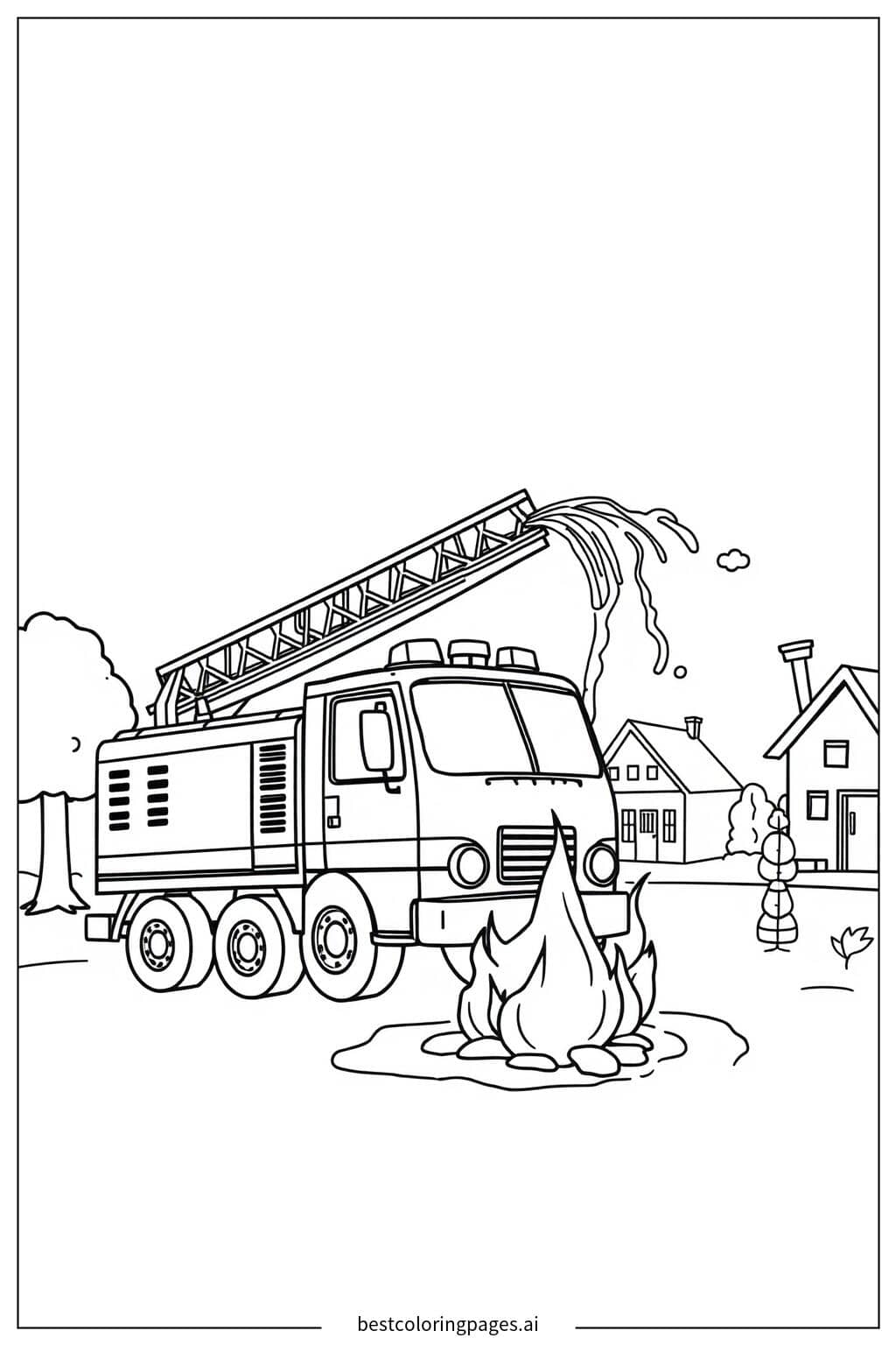 Fire Truck Spraying Water on a Small Fire Coloring Page