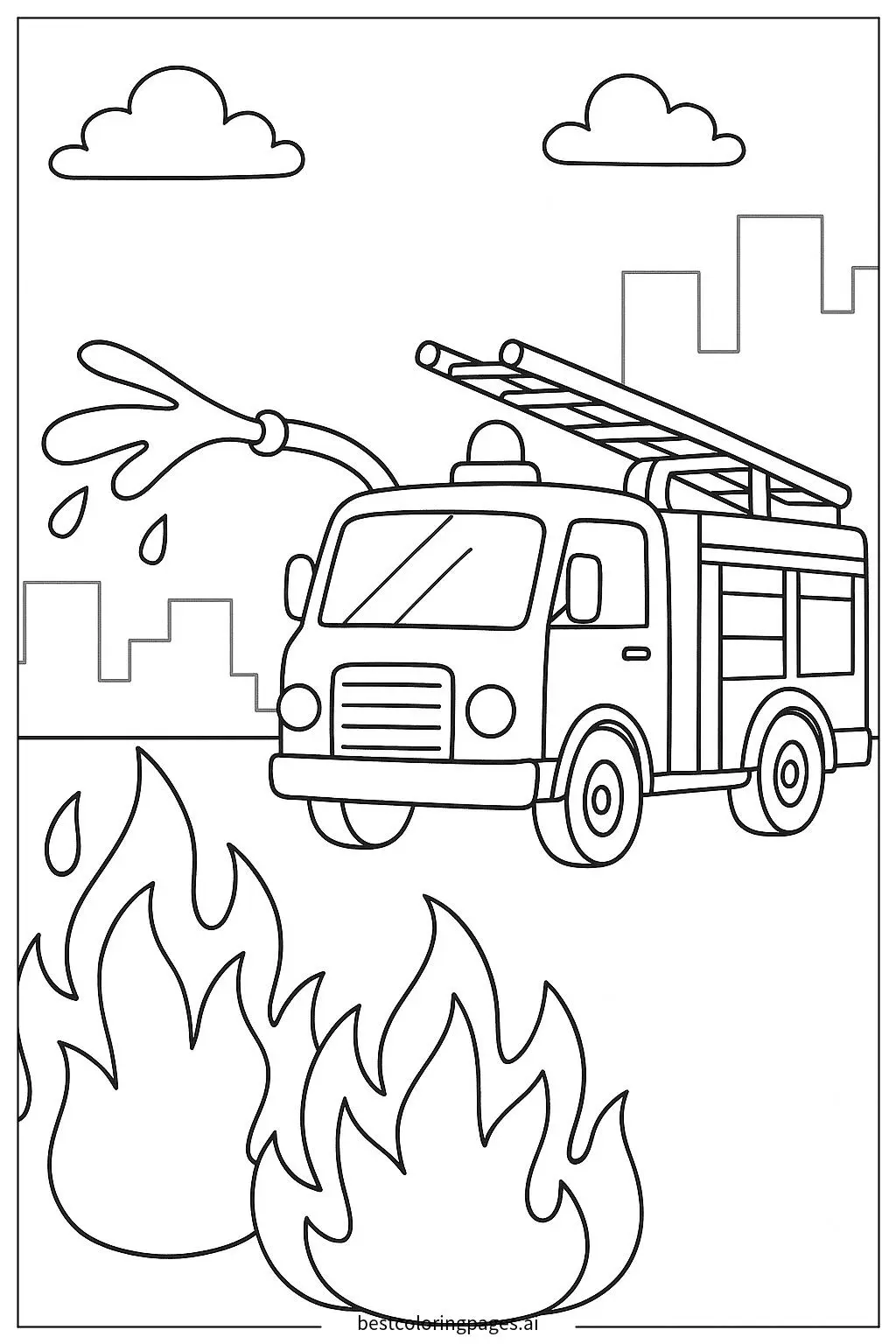 Fire Truck Spraying Water on Flames