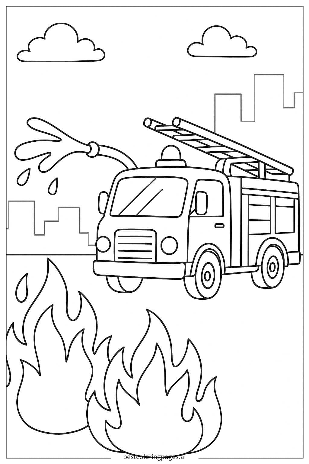 Fire Truck Spraying Water on Flames Coloring Page