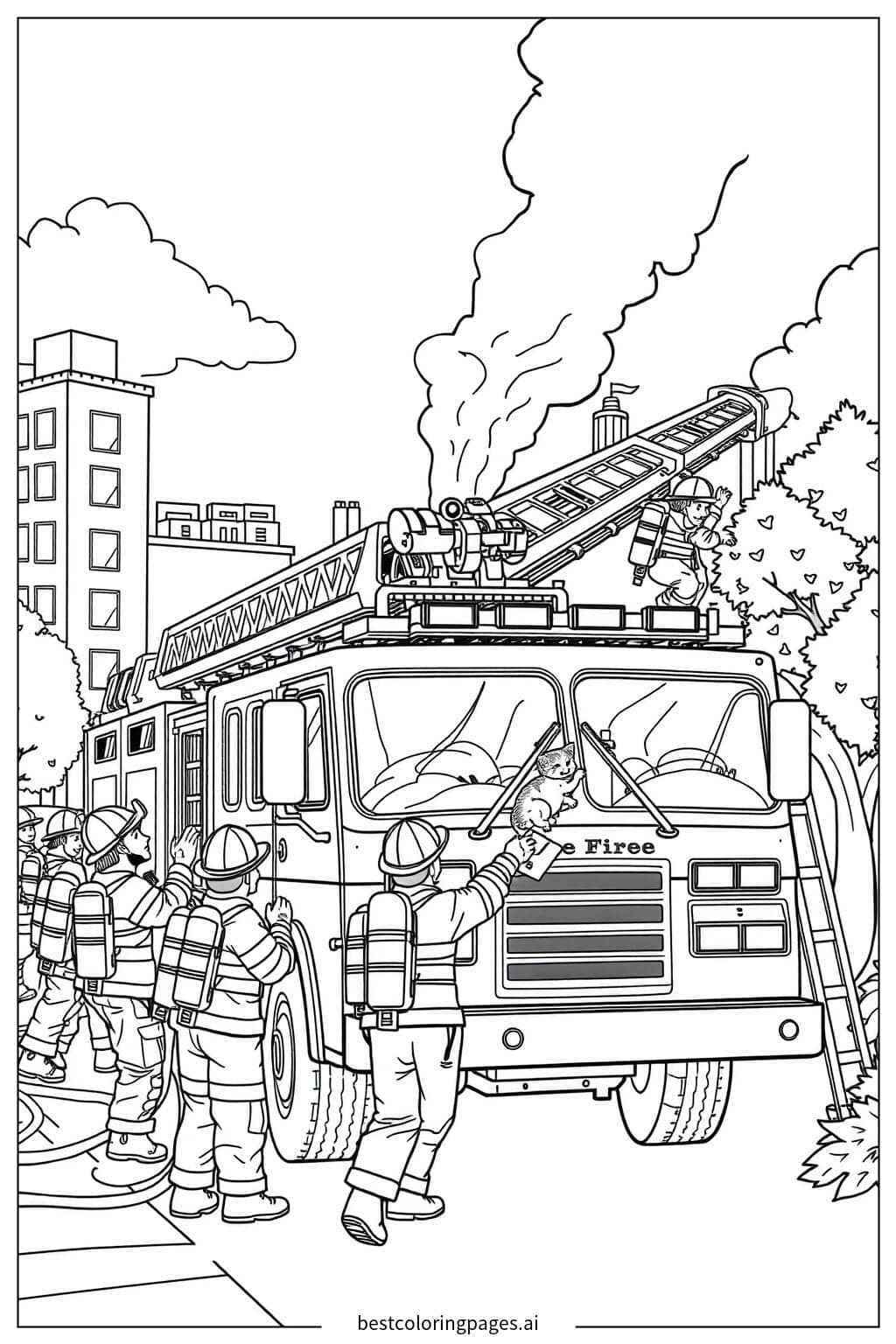 Раскраски Пожарная машина с пожарными в действии