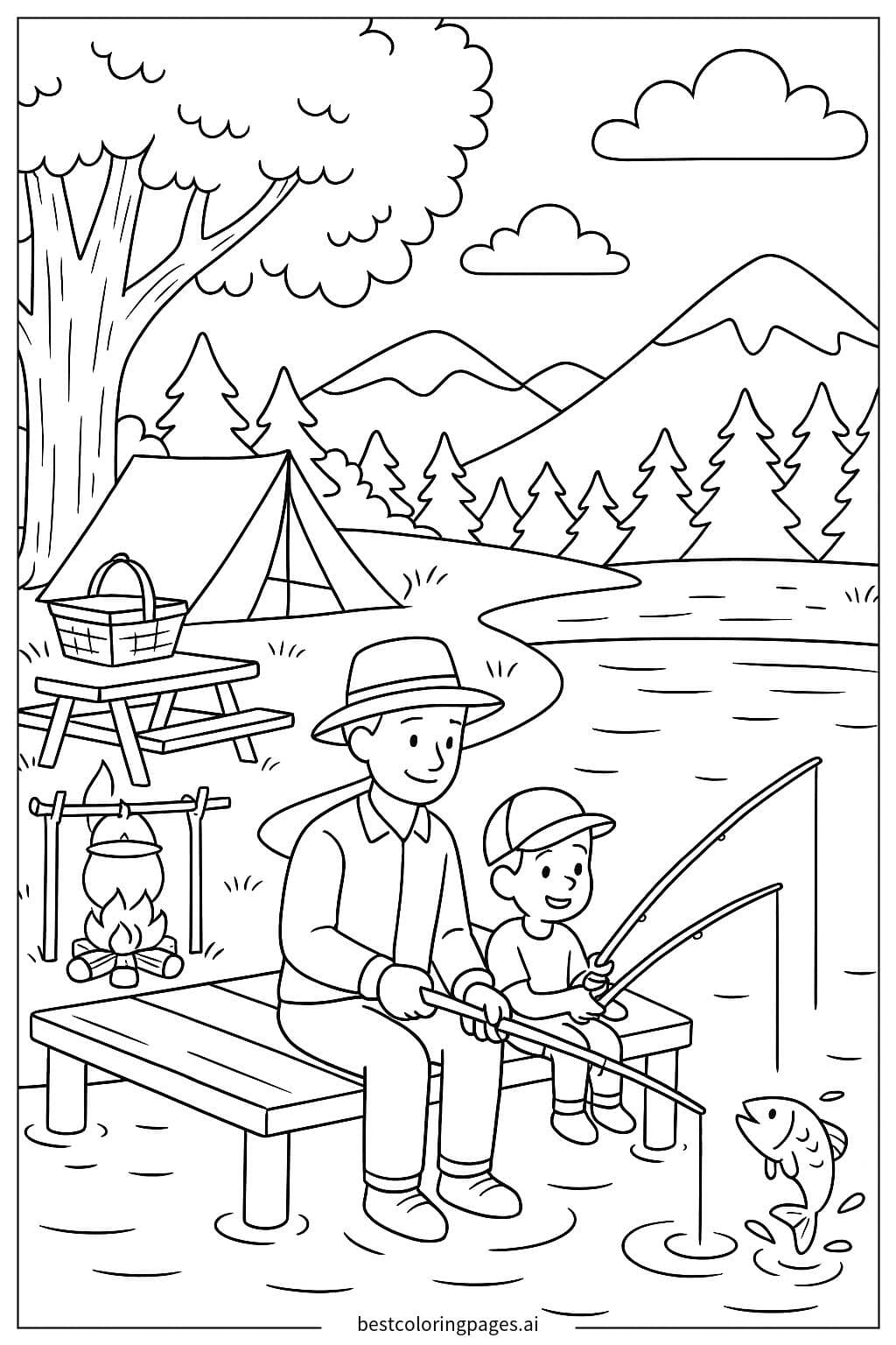 Angeln beim Camping Ausmalbilder