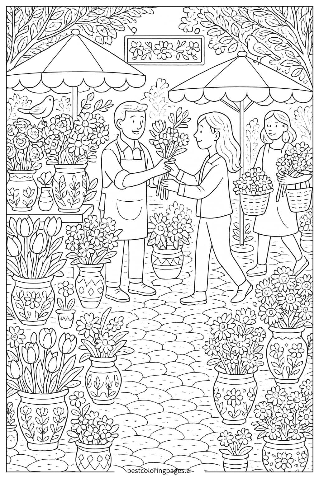 Floral Market Scene Coloring Page