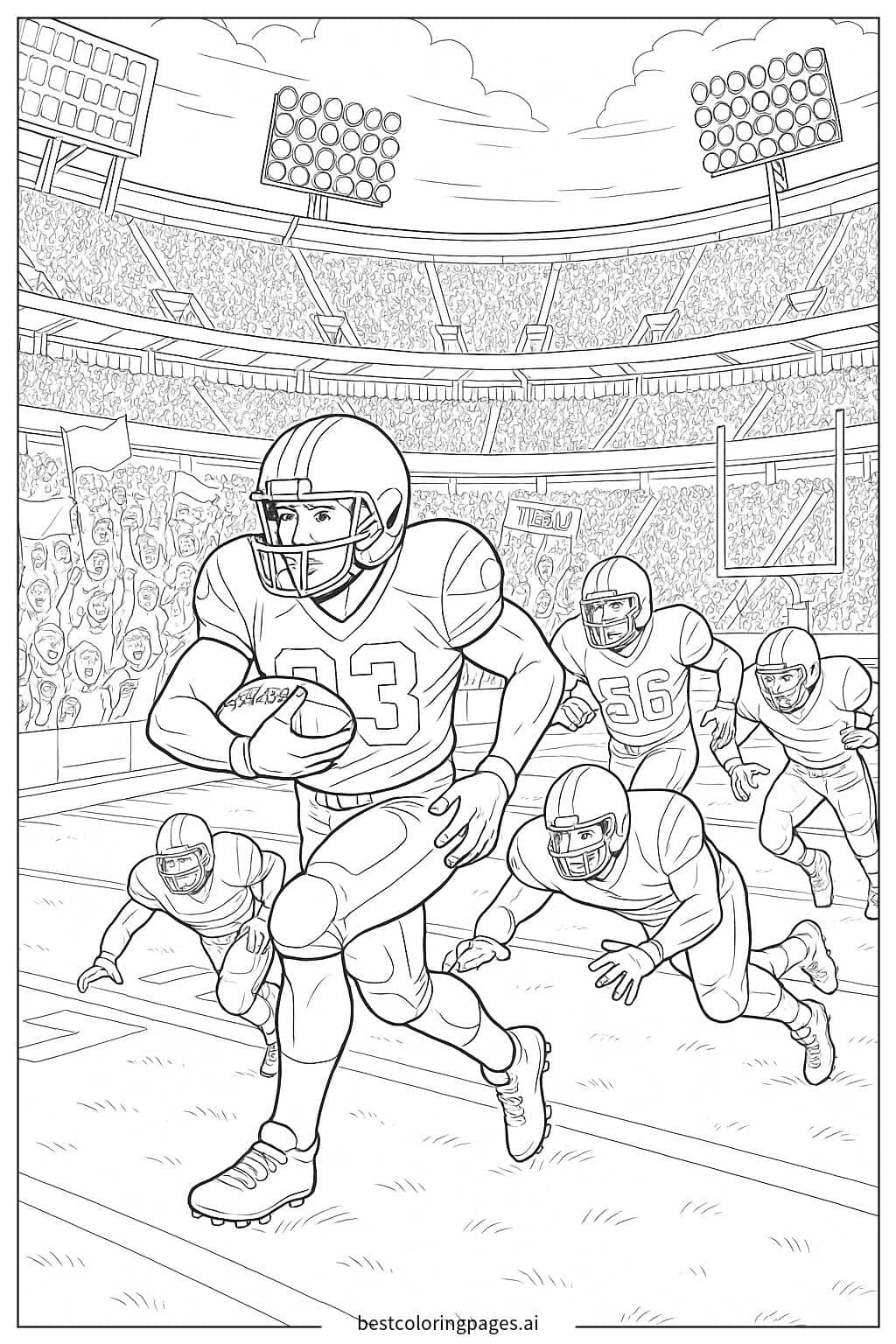 Exciting Football Game in a Stadium with Cheering Crowd Coloring Page