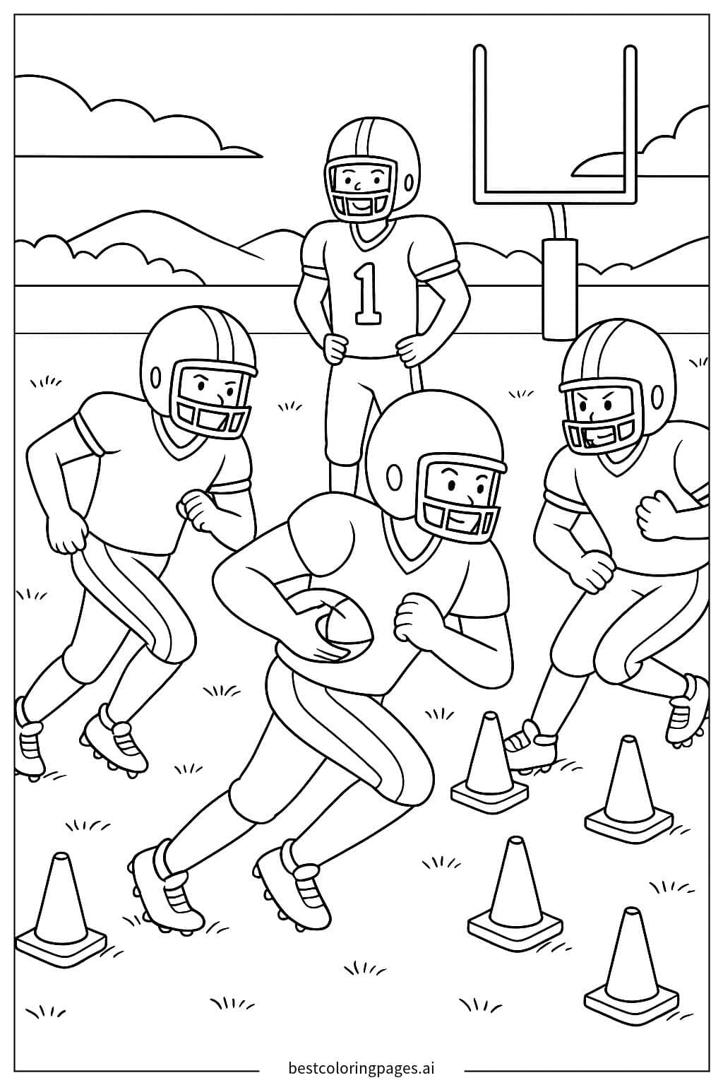 Football Players Practicing on a Training Field Coloring Page