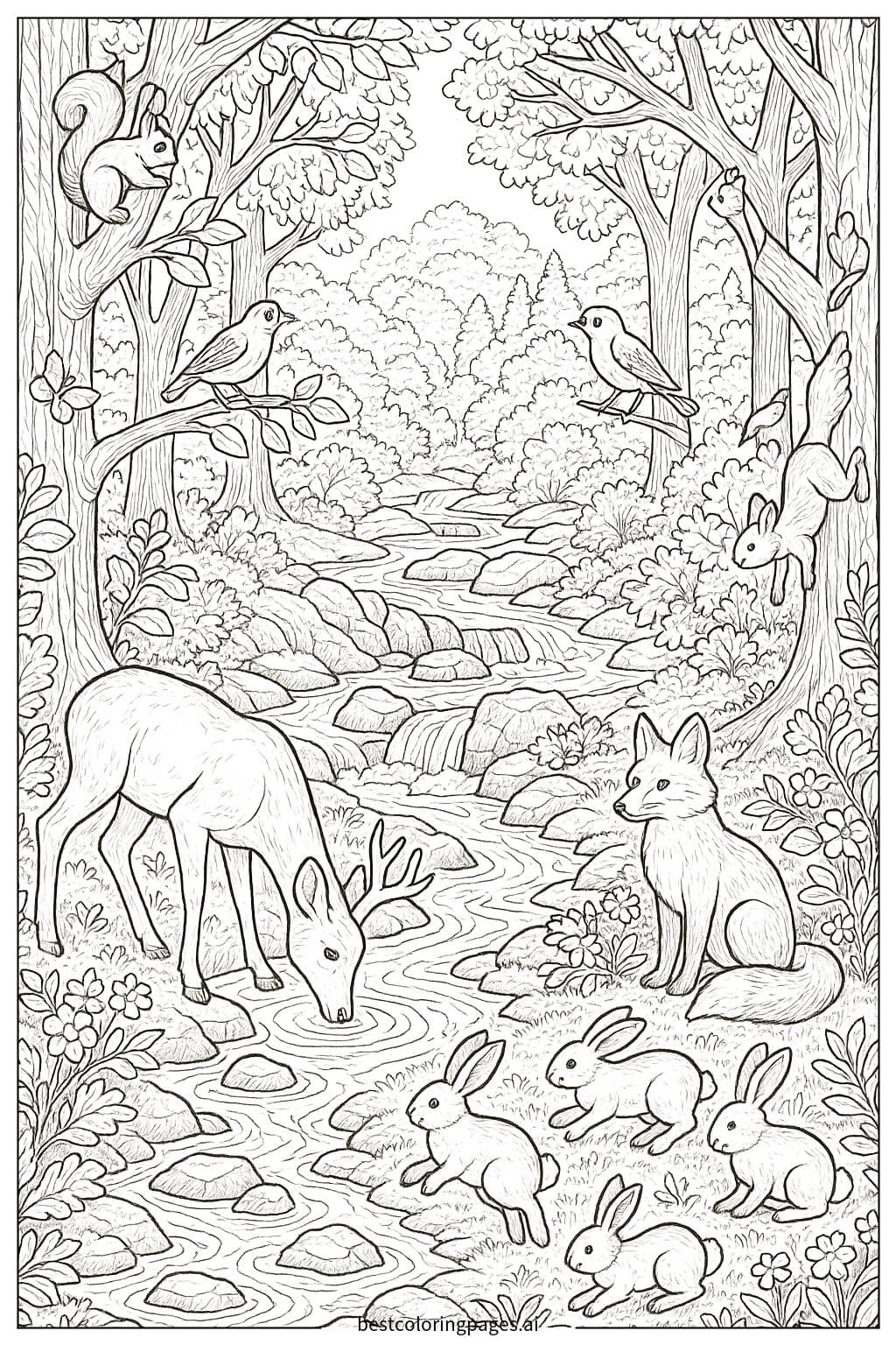 Forest Scene with Animals and a Flowing River
