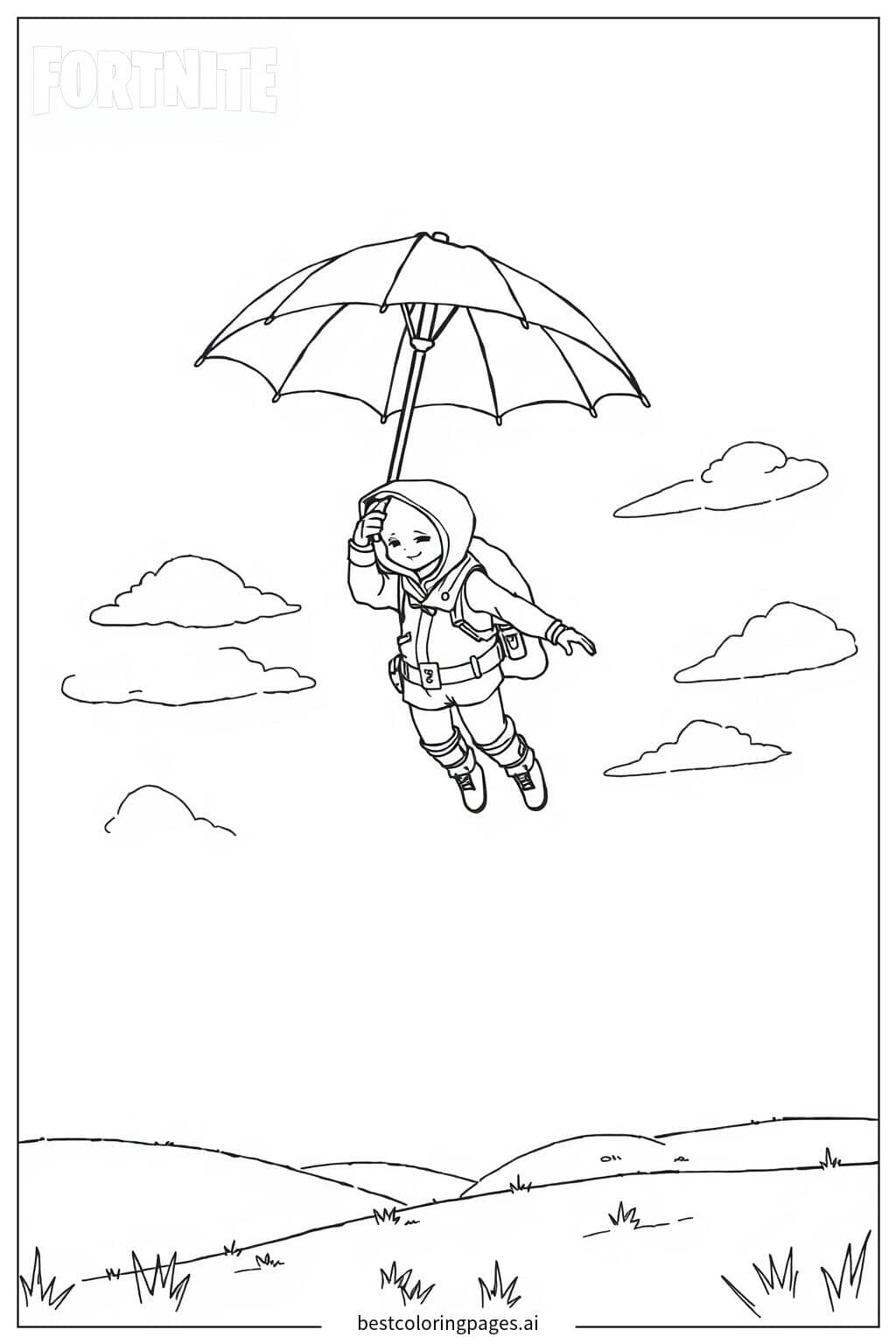 Fortnite Character Soaring with an Umbrella Coloring Page