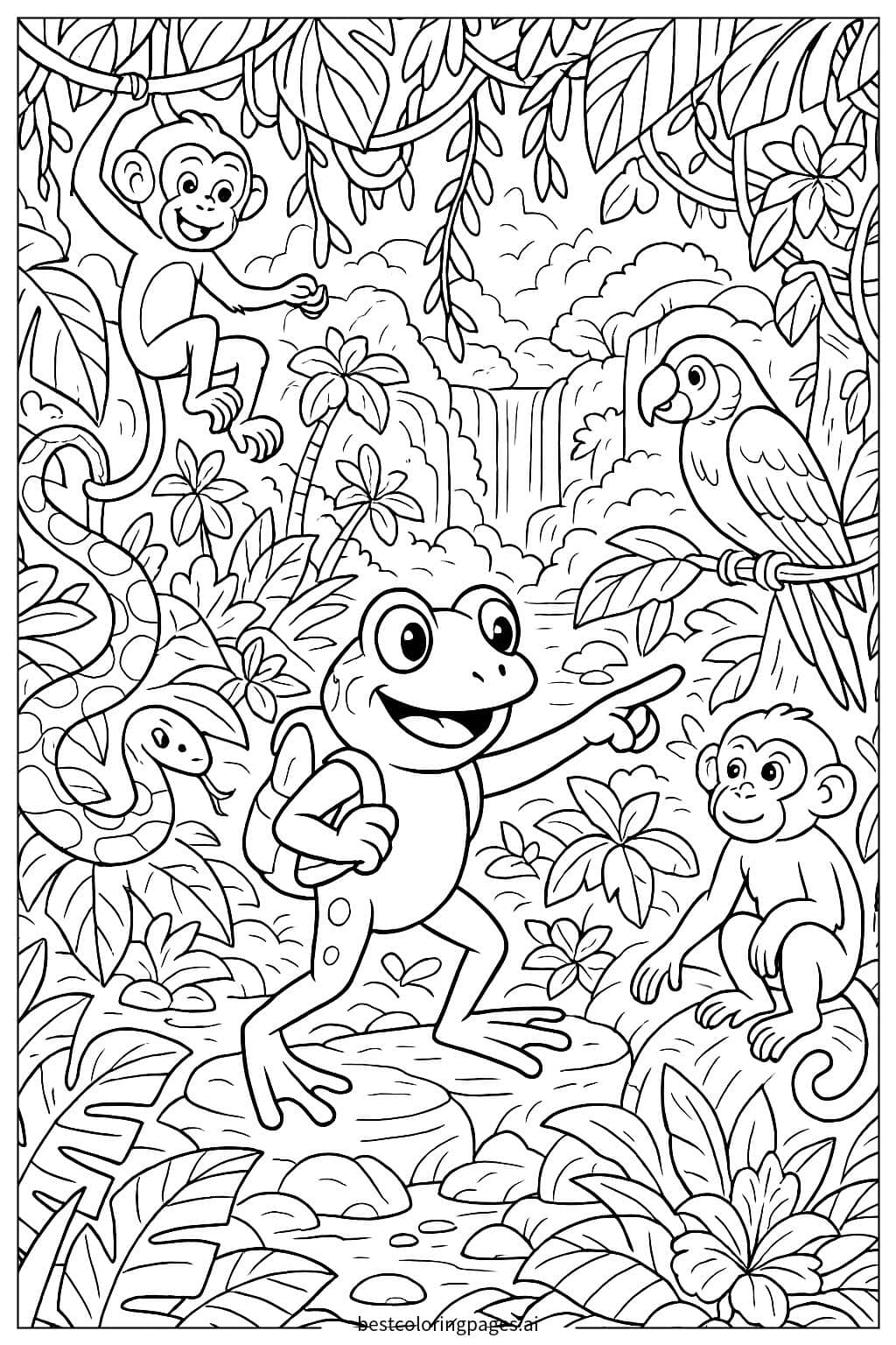 Coloriage Grenouille explorant une jungle avec des amis animaux