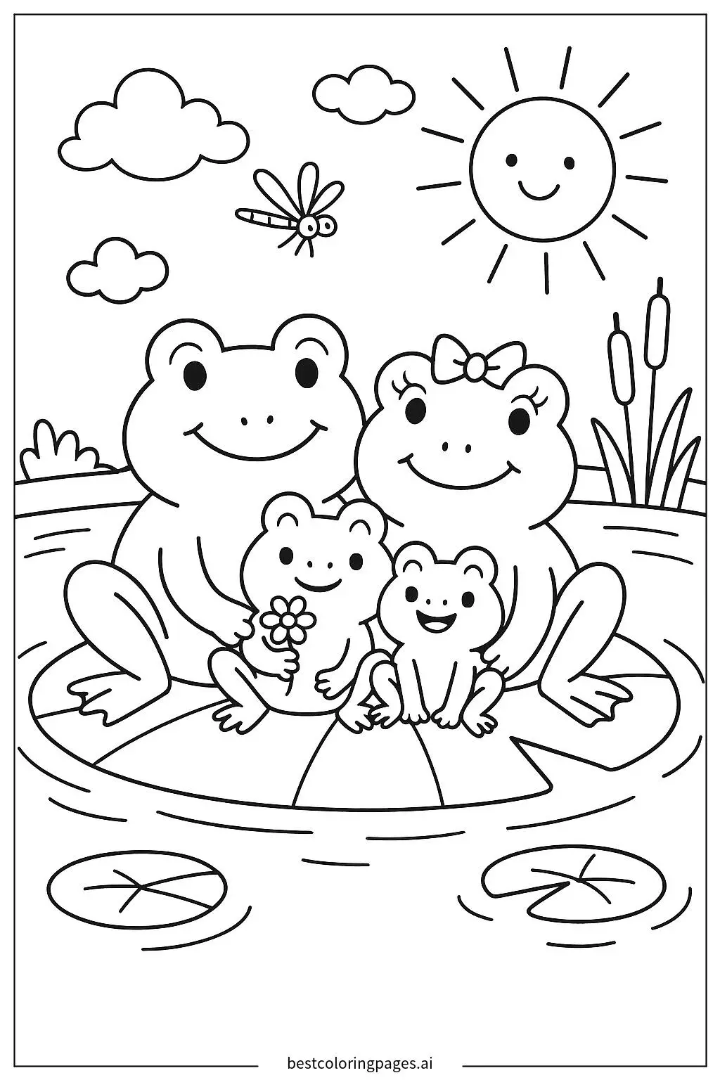 Frog Family Enjoying a Sunny Day Coloring Page