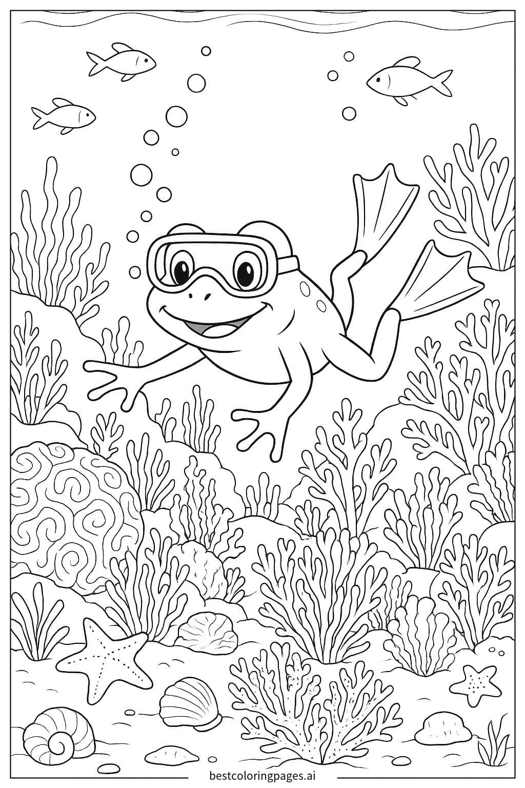 Frog Exploring an Underwater Coral Reef Coloring Page