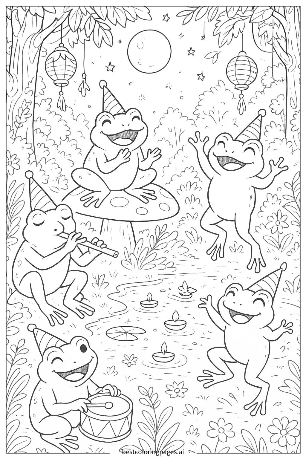 Frogs Celebrating a Forest Festival Coloring Page