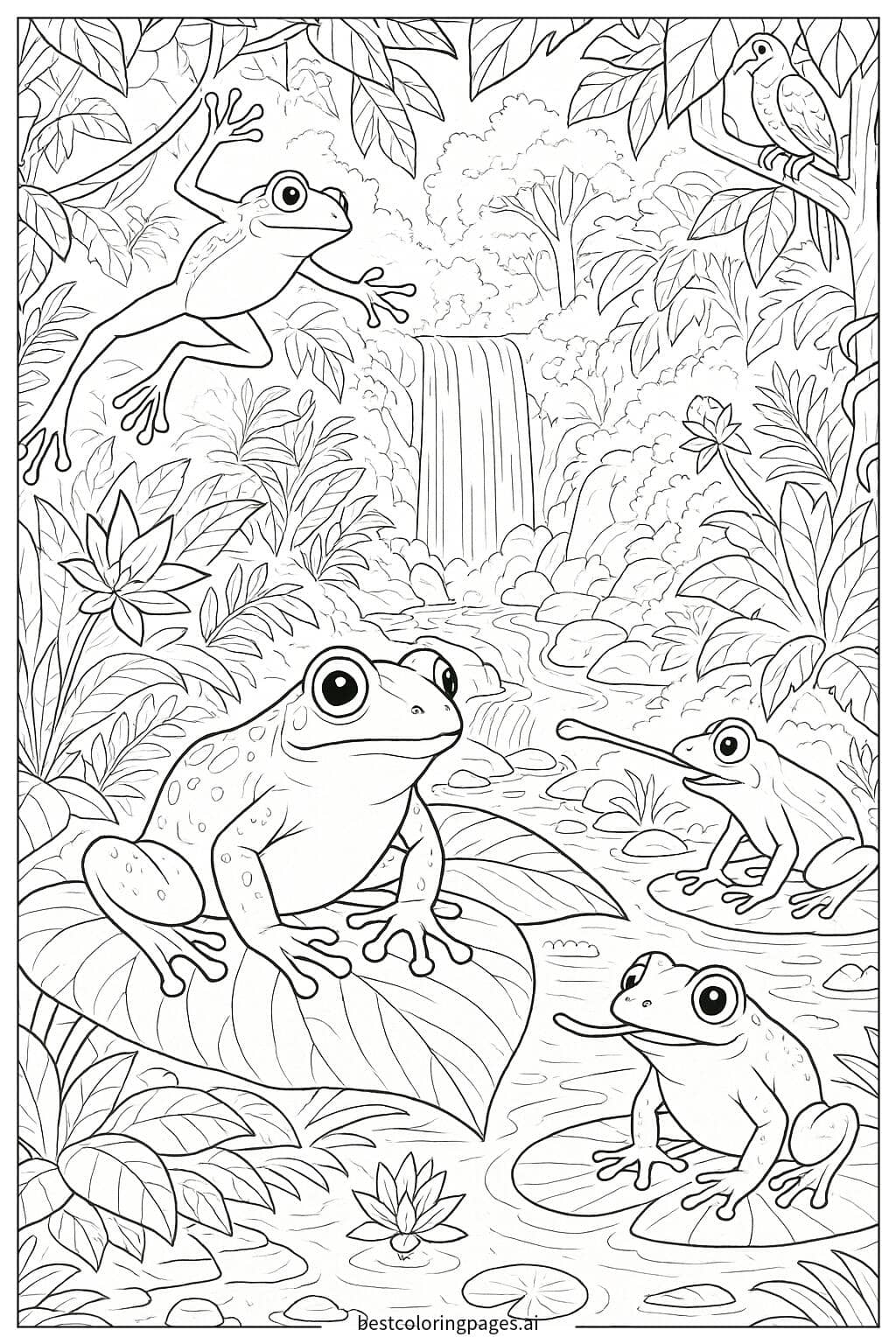 Frogs Exploring a Lush Rainforest Coloring Page