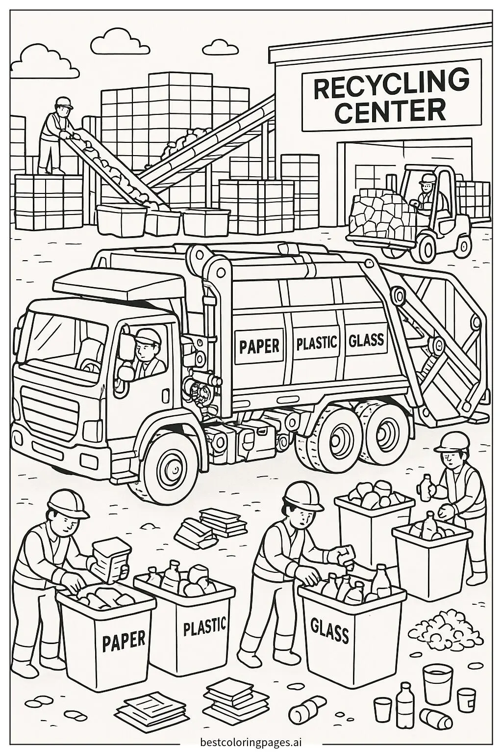 Garbage Truck at a Recycling Center with Workers