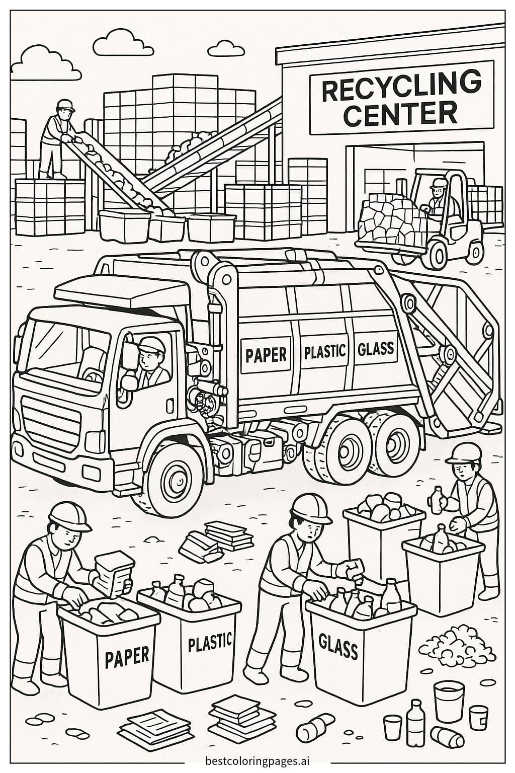 Desenhos de Caminhão de Lixo em um Centro de Reciclagem com Trabalhadores para Colorir