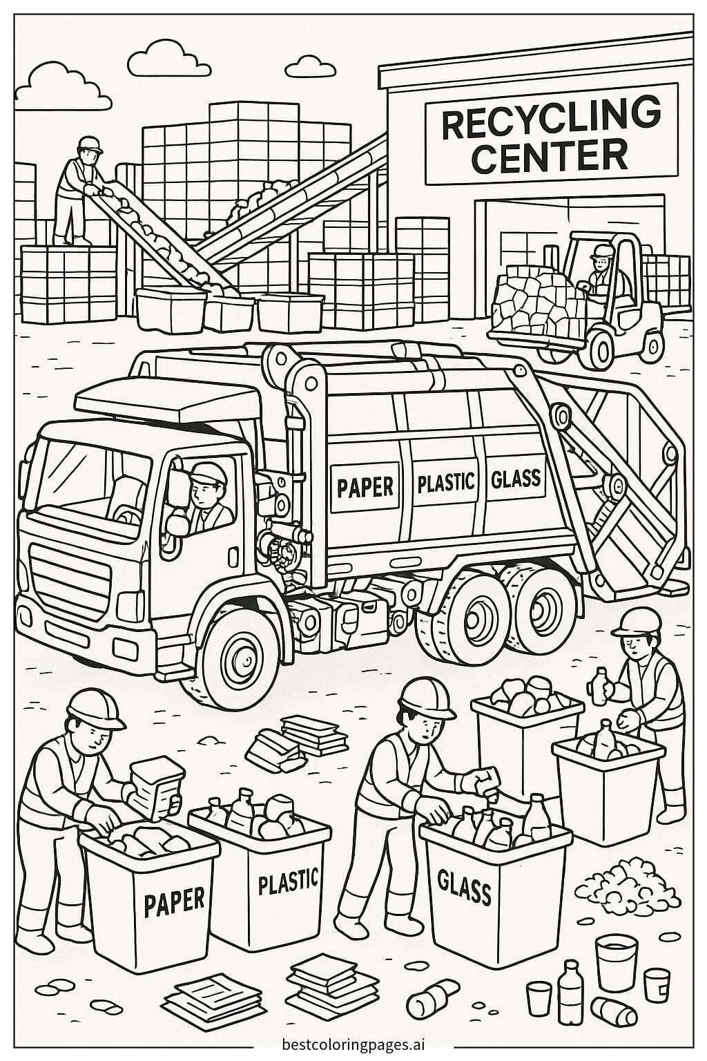 Müllwagen im Recyclingzentrum mit Arbeitern Ausmalbilder