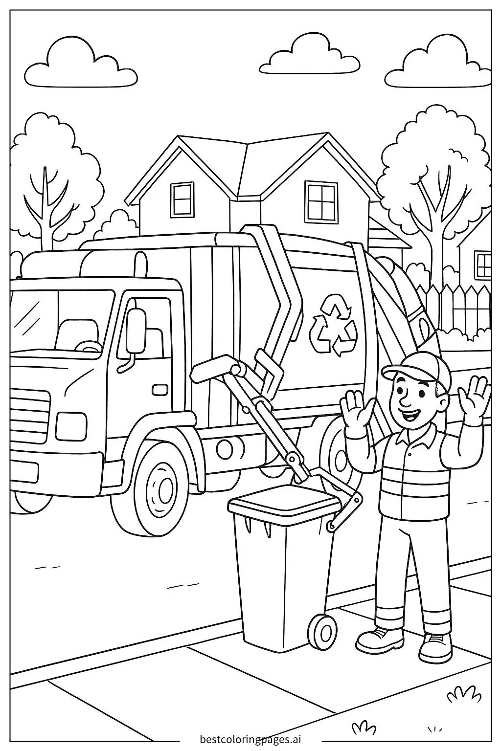 Garbage Truck Collecting Trash from Bins Coloring Page