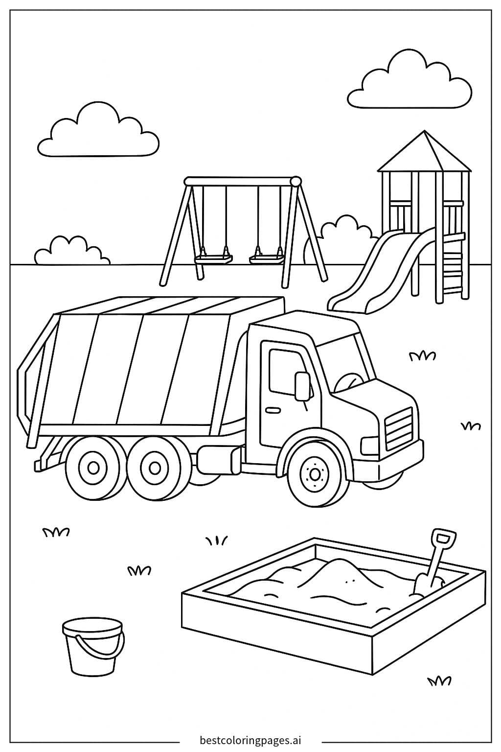 Garbage Truck Near a School Playground