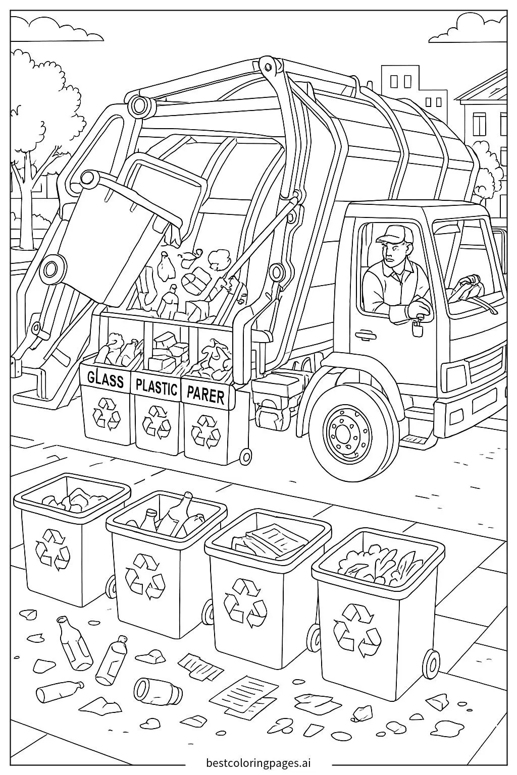 Garbage Truck Sorting Recyclable and Non-Recyclable Materials Coloring Page