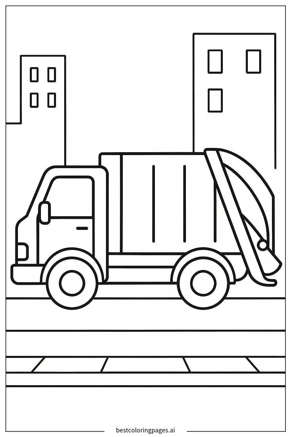 Garbage Truck with Simple Cityscape Coloring Page