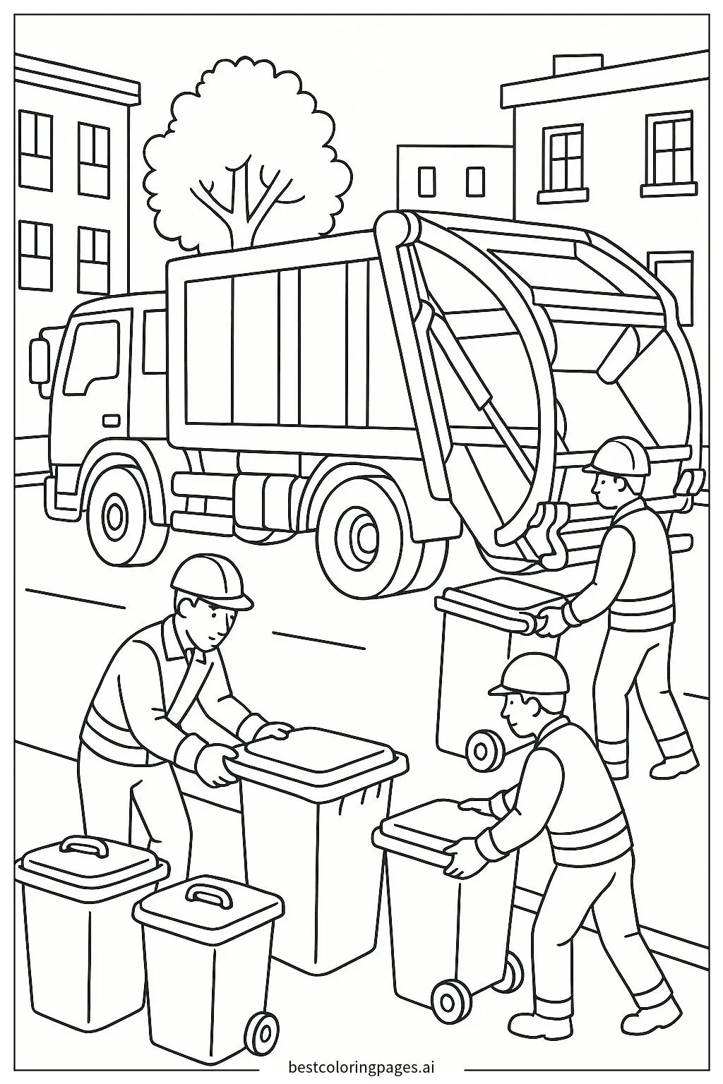 Garbage Truck with Workers Loading Bins Coloring Page