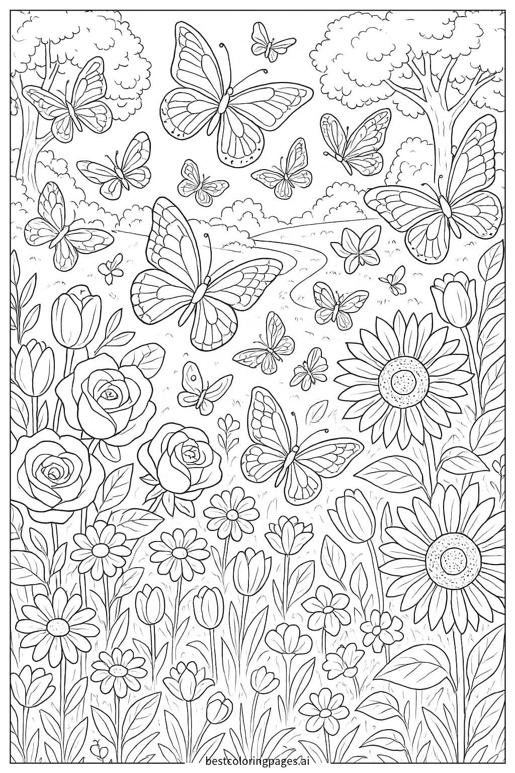 Enchanting Garden of Flowers and Butterflies Coloring Page