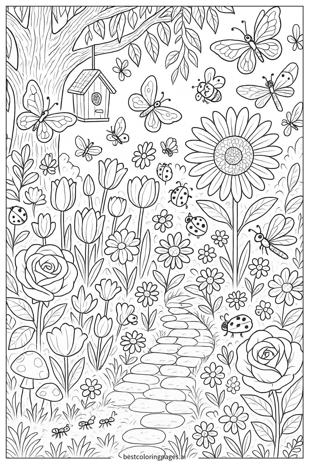 Enchanting Garden with Flowers and Insects Coloring Page