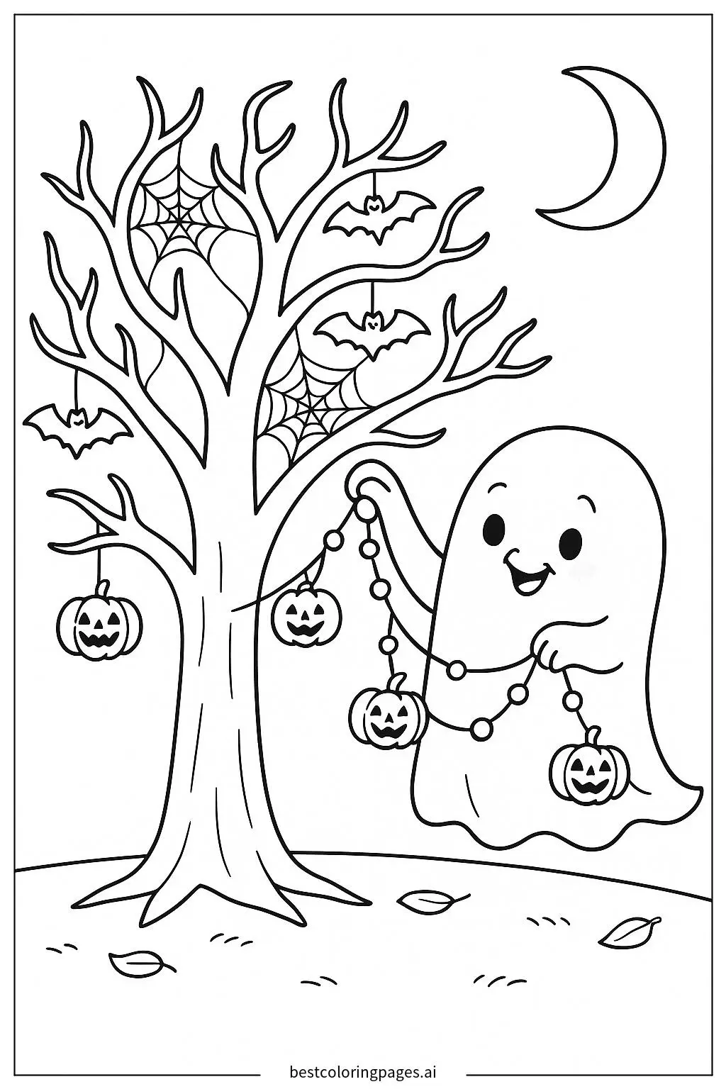 Ghost Decorating a Spooky Tree Coloring Page