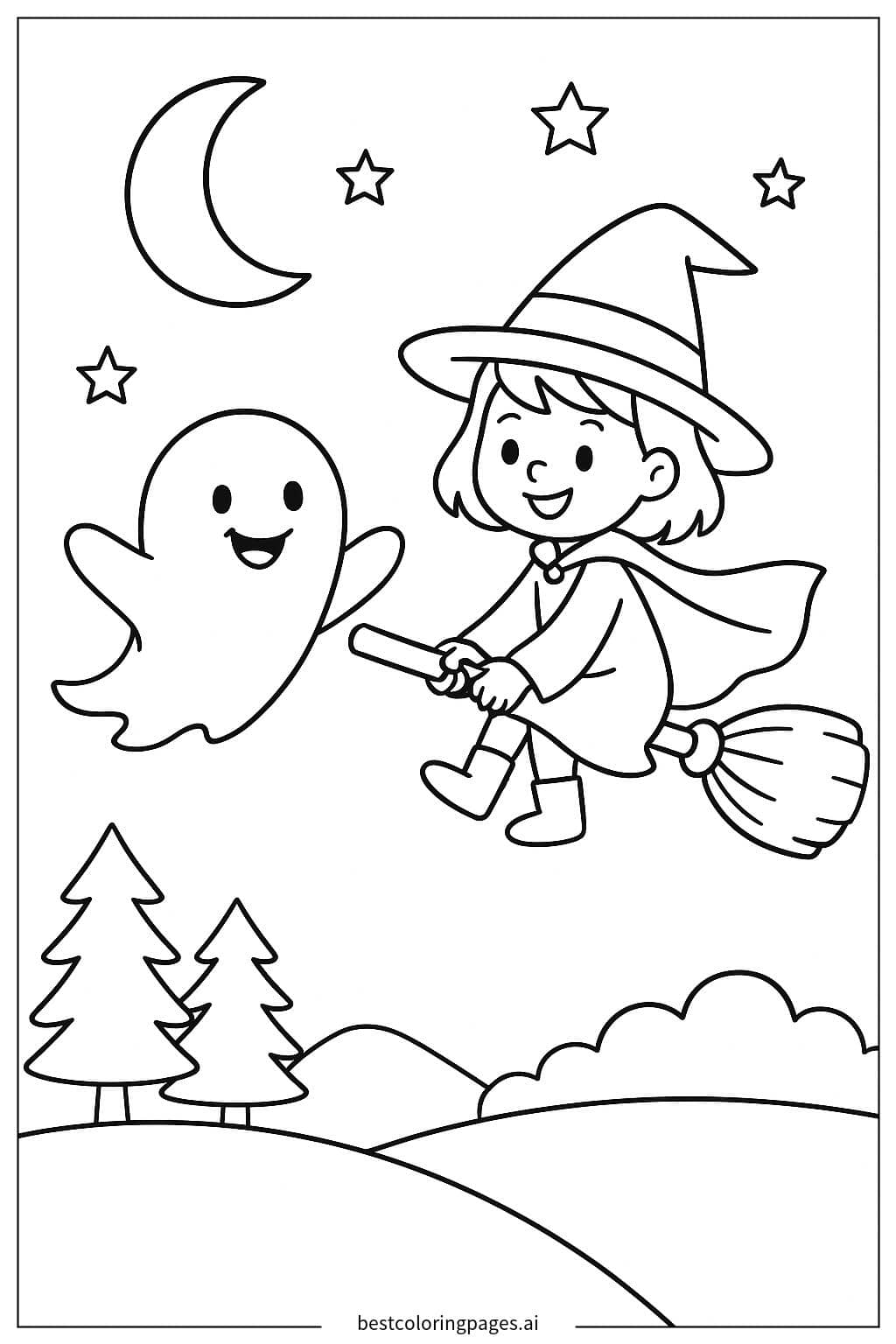 Ghost Flying with a Witch Coloring Page