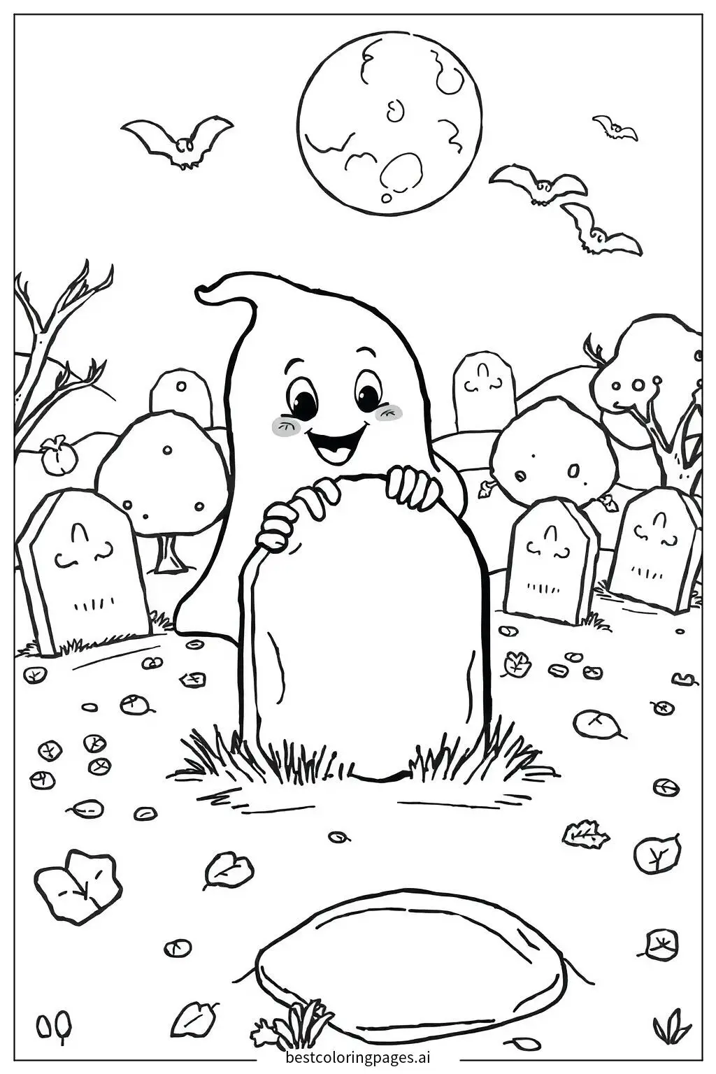 Ghost Playing Hide-and-Seek in a Graveyard Coloring Page