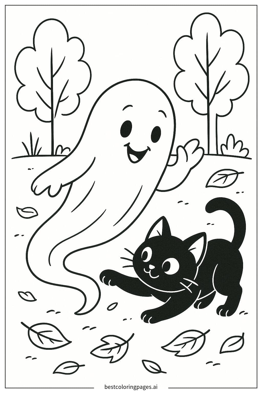 Ghost Playing with a Black Cat Coloring Page