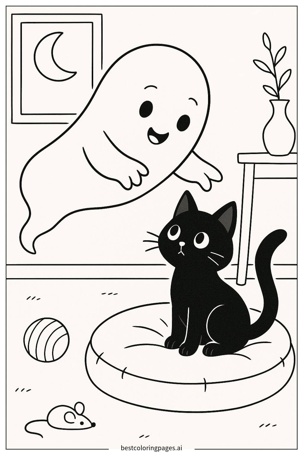 Friendly Ghost with Curious Black Cat Coloring Page