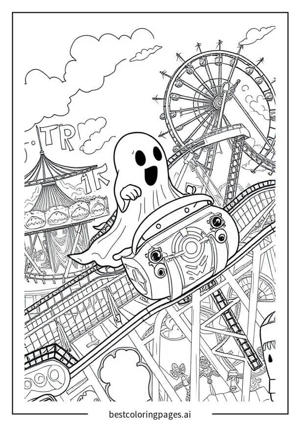 Ghost Enjoying a Roller Coaster Ride at the Amusement Park Coloring Page