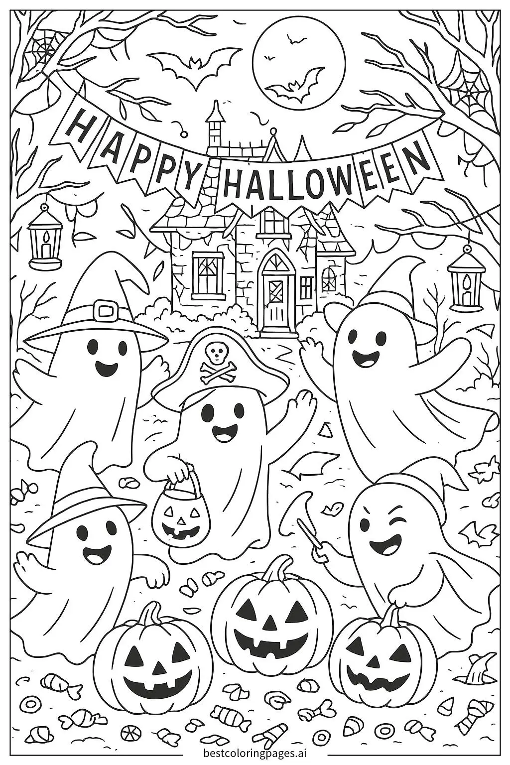 Ghosts Celebrating Halloween Coloring Page