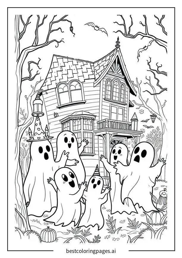 Ghosts Celebrating in a Spooky Haunted House Coloring Page