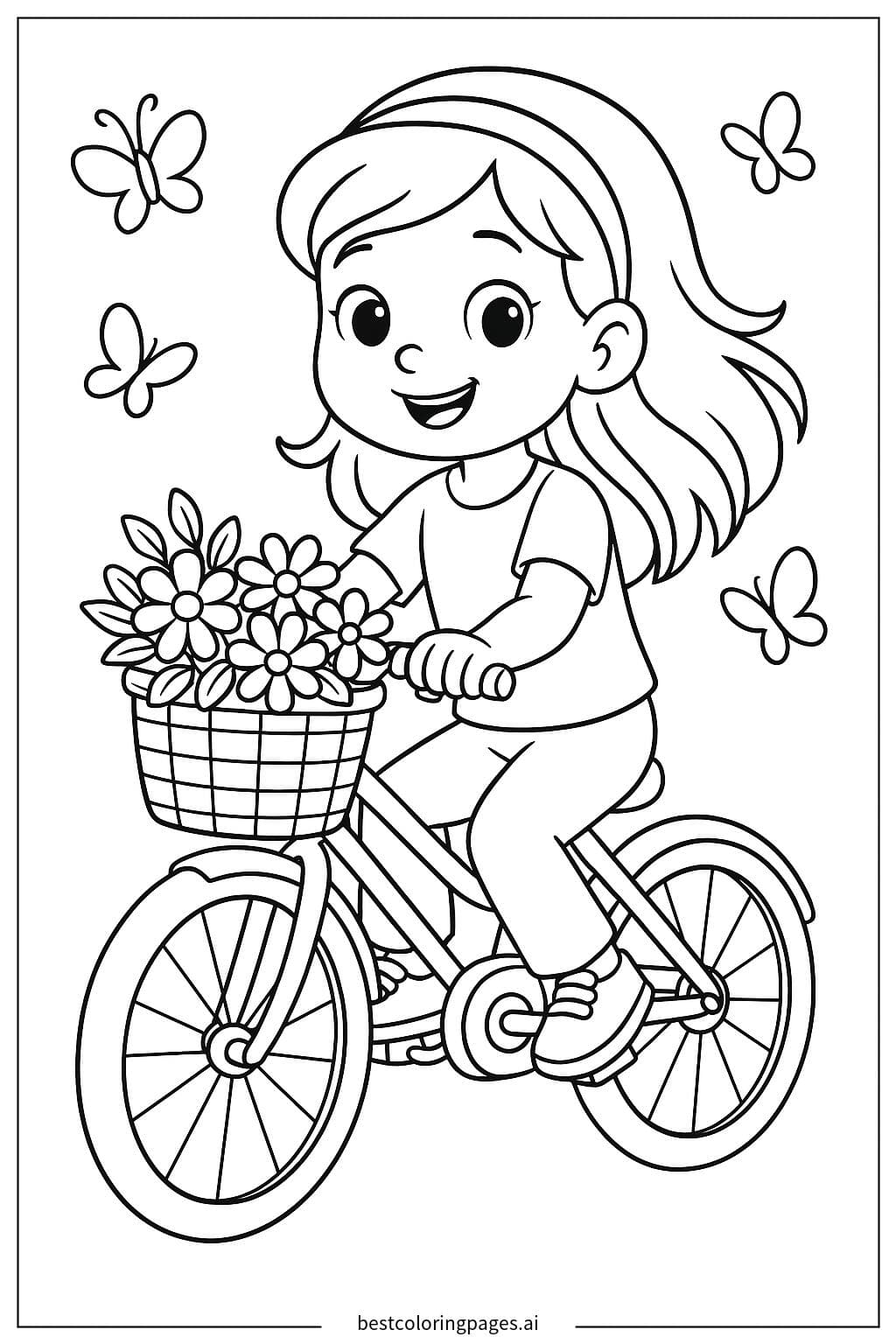Ragazza in bicicletta con un cestino di fiori