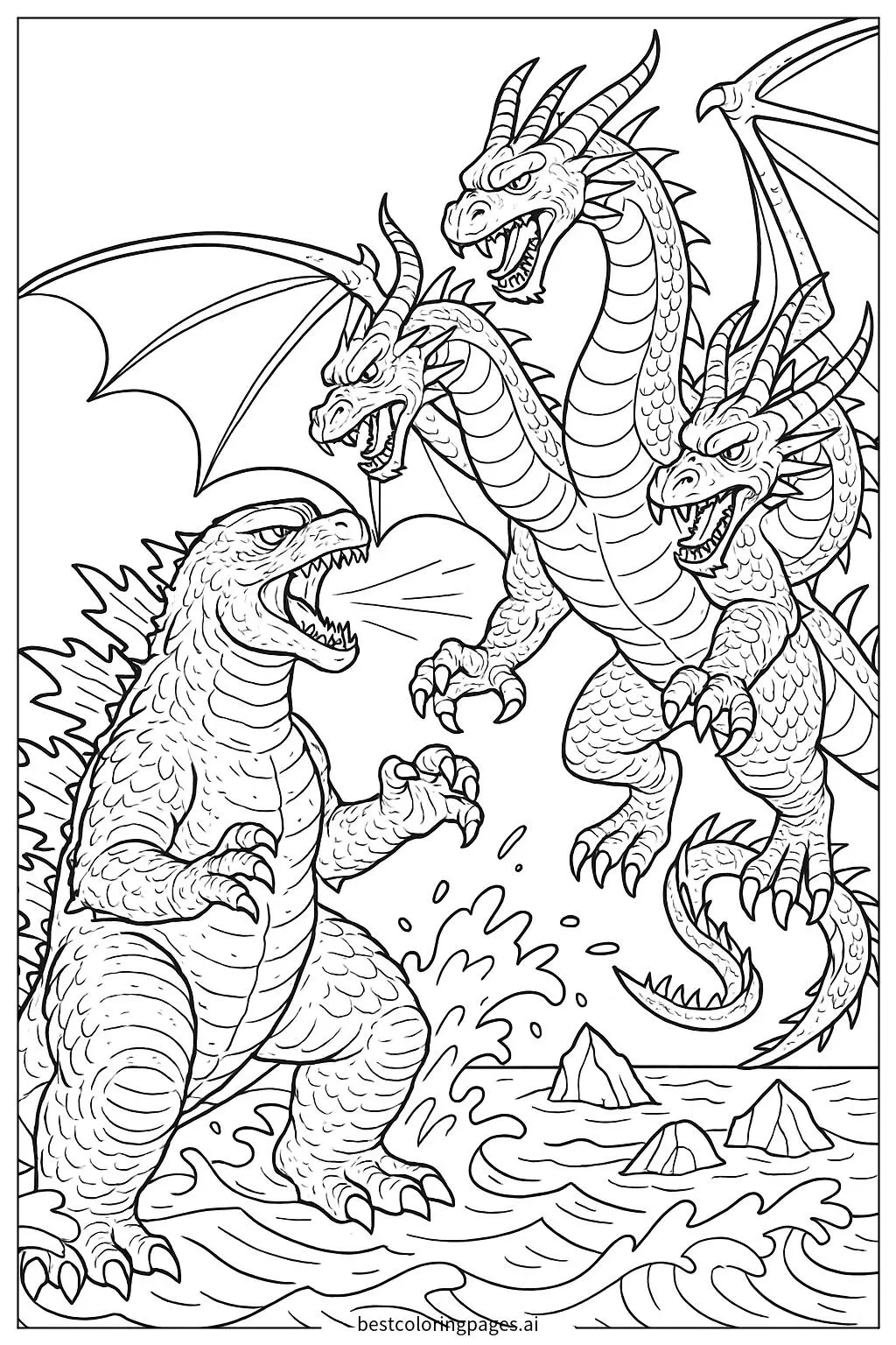 Godzilla Battling King Ghidorah in the Ocean