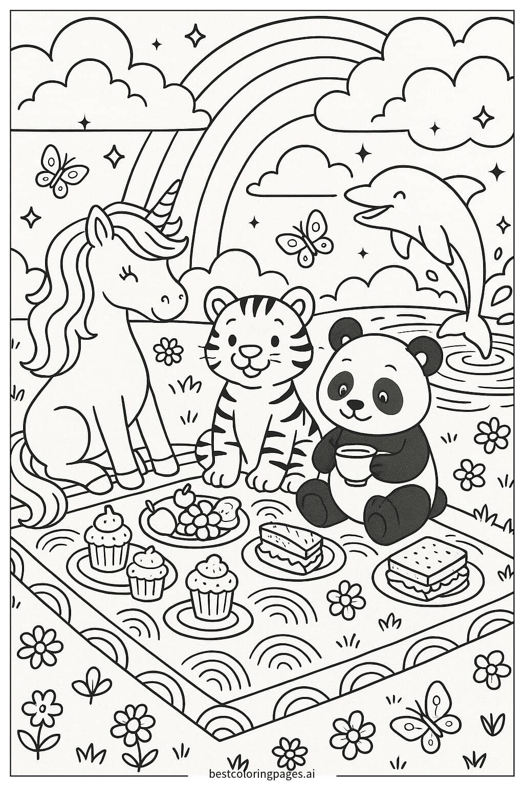 Disegni di Gruppo di Animali a un Picnic Arcobaleno da Colorare
