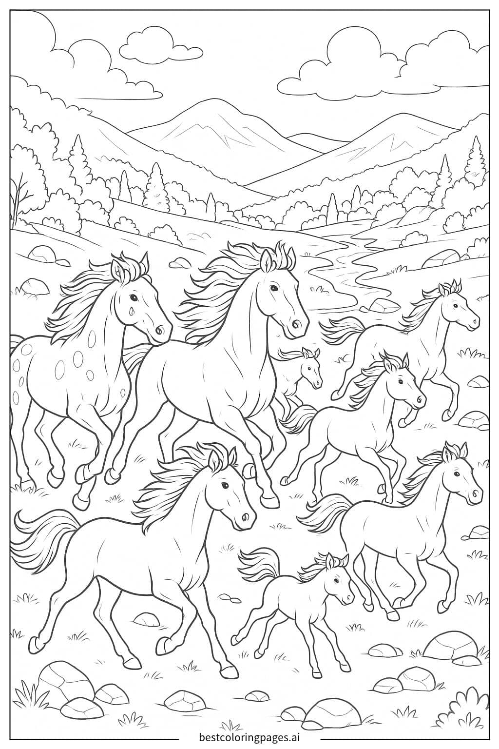 Majestic Horses Galloping Through a Scenic Valley Coloring Page