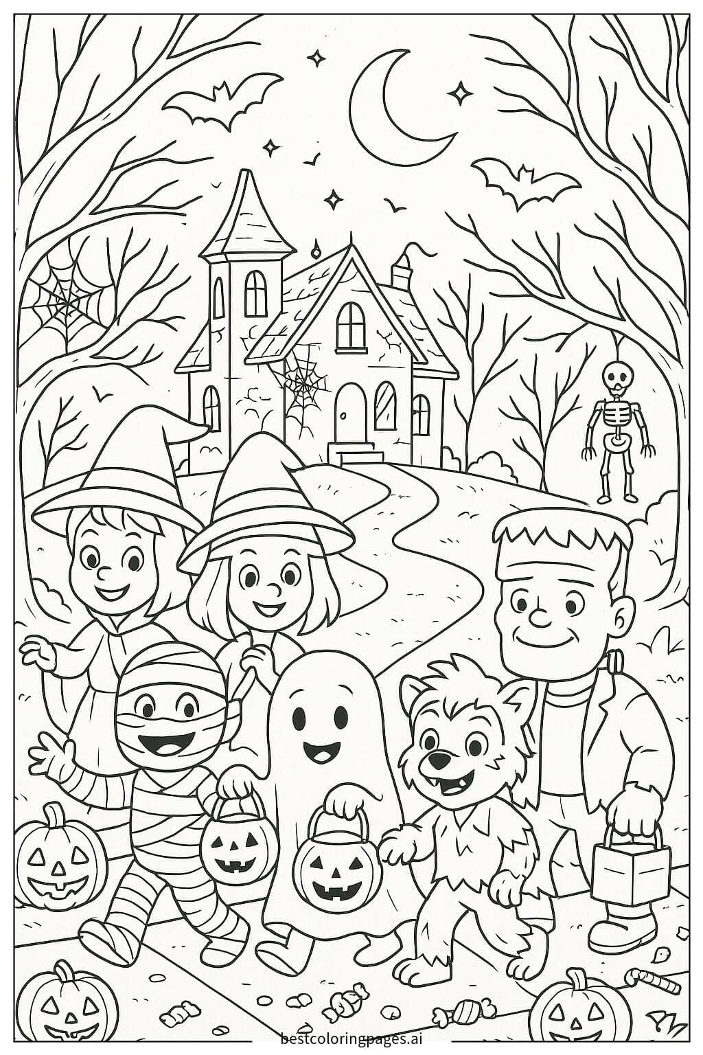 Halloween Monsters Trick-or-Treating Fun Coloring Page